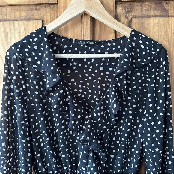 Polka Dot Bodysuit Black Cream Ruffle V Neck - Medium - Picture 2 of 7